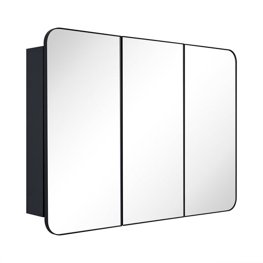 TEHOME Matt Black Triple Door Recessed & Surface Mount Rectangle Bathroom Medicine Cabinet with Mirror 26 x 36'' 3 Door Metal Framed Rectangular Bathroom Cabinet 36 by 26 inches