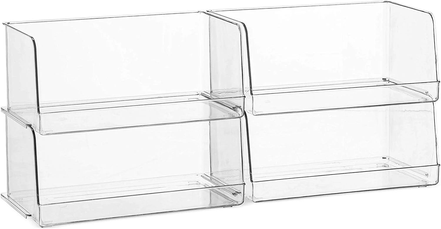 Set Of 4 Clear Pantry Organizer Bins Stackable Household Plastic Food Storage Basket with Wide Open Front for Kitchen, Countertops, Cabinets, Refrigerator, Freezer, Bedrooms, Bathrooms - 12" Wide