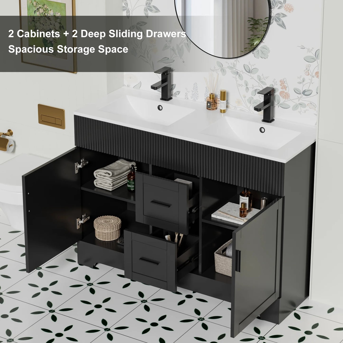 Eclife 48-Inch Mid-Century Modern Green Double Sink Bathroom Vanity with Resin Countertop