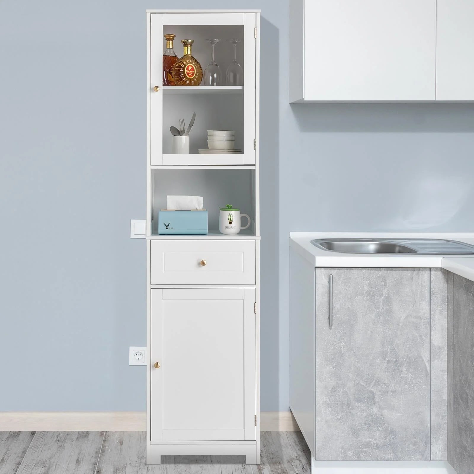 Ktaxon Large Bathroom Tall Storage Cabinet Organizer, Freestanding Line Tower Pantry Cabinet with Adjustable Shelves and 2 Cupboards for Kitchen Living Room Bedroom Office, 18"x13"x71", White