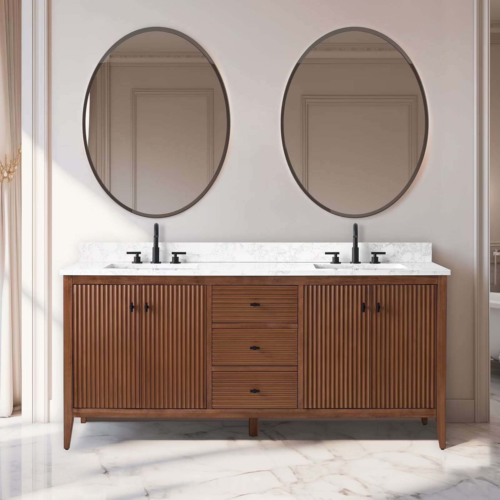 Vanity Art 72° Double Sink Bathroom Vanity Cabinet with Engineered Marble Countertop