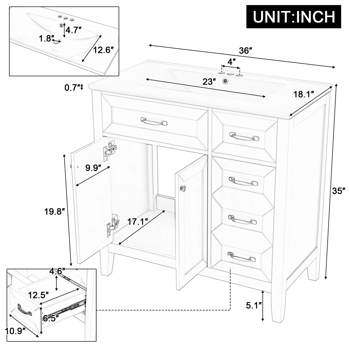 Euroco 36" Bathroom Vanity with Sink,Drawers, Solid Frame and MDF Board