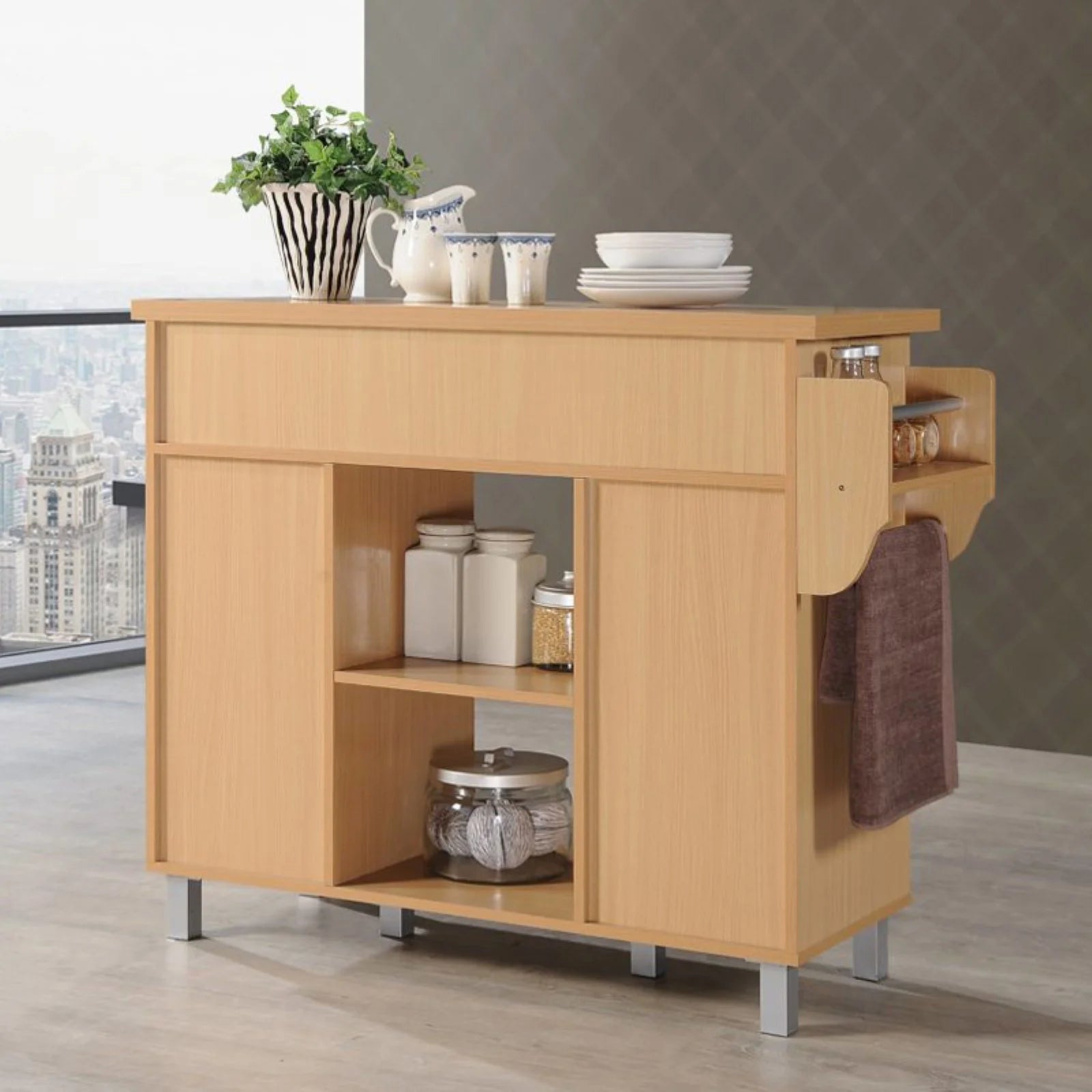 Hodedah Kitchen Island with Spice Rack plus Towel Holder in White Wood