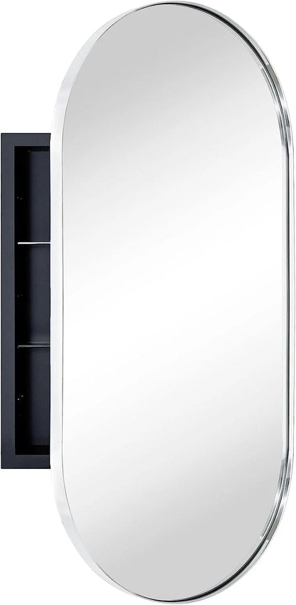 Oval Recessed Bathroom Medicine Cabinet With Mirror Stainless Steel Metal Framed Oblong Pill Shaped Bathroom Cabinet With Mirror 16X33''