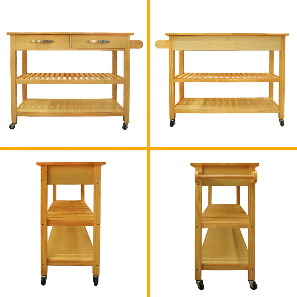 Visentor Kitchen Island Cart with Lockable Wheels, 3 Tier Rolling Utility Kitchen Storage Carts Table with 2 Drawers, 2 Shelves & Towel Rack, 45 Inch, Natural