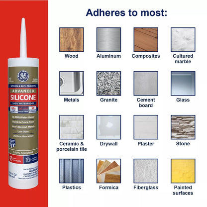 (12 pack) GE Advanced Silicone Kitchen & Bath Sealant. Pack of 1. Clear 10.1 fl oz Cartridge