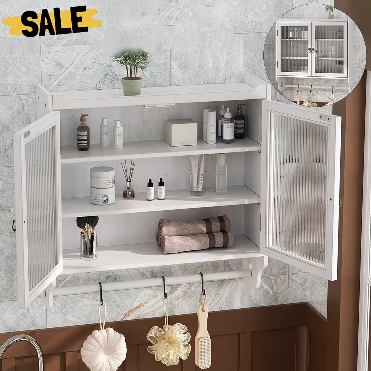 GZXS Solid Wood Wall Cabinet with 2 Tempered Glass Doors, 3-Tier Storage Organizer for Bathroom, Entryway, Kitchen, Dining Room, 24.8"L x 7.08"W x 23.62"H, White Washed