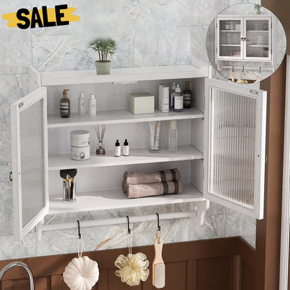 GZXS Solid Wood Wall Cabinet with 2 Tempered Glass Doors, 3-Tier Storage Organizer for Bathroom, Entryway, Kitchen, Dining Room, 24.8"L x 7.08"W x 23.62"H, White Washed