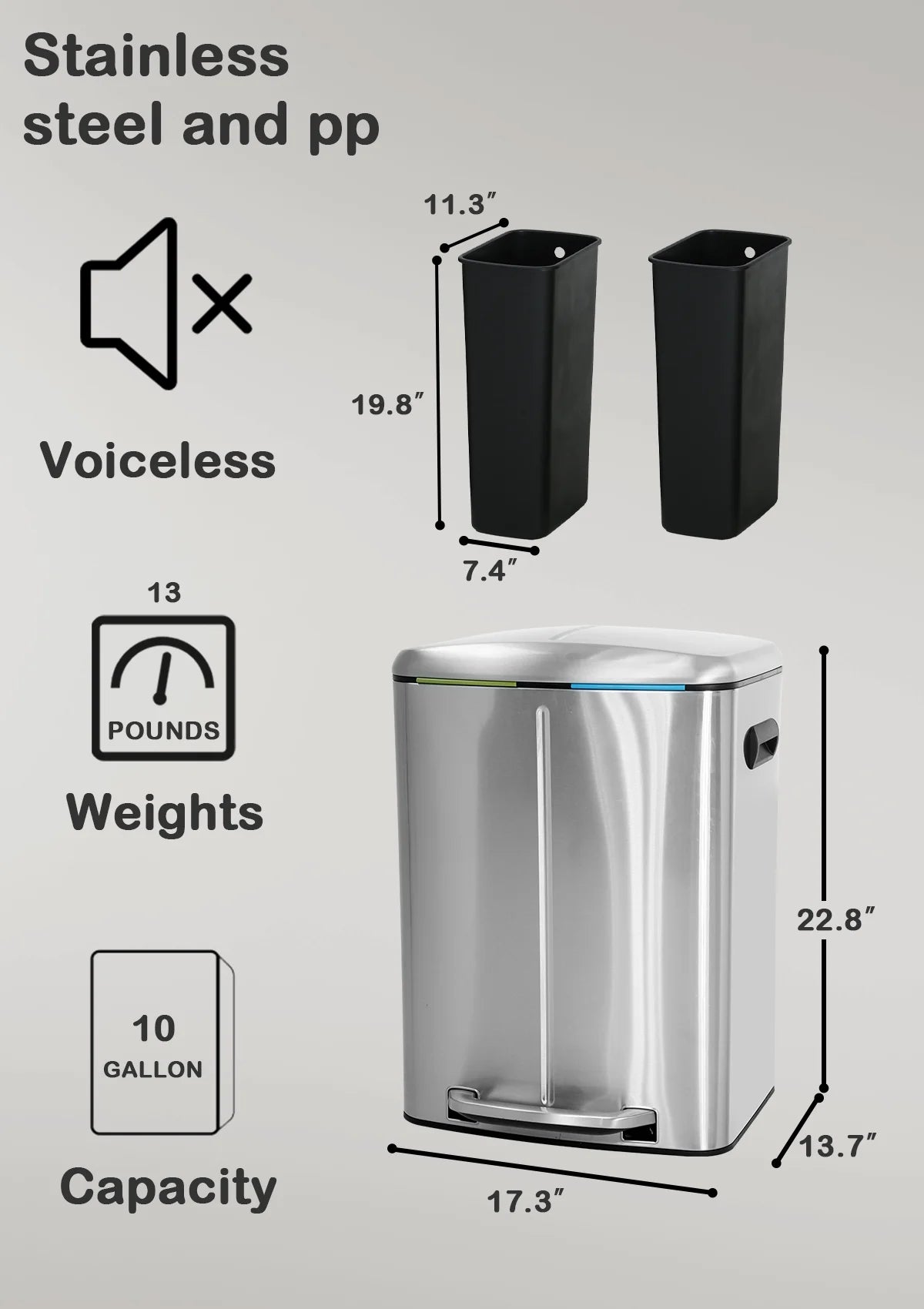 10 Gallon Dual Compartment Trash Can and Recycle Bin, Stainless Steel Foot Pedal Garbage Can Bathroom Double Trash Can Recycling for Kitchen with 2 x 5 Gallon Removable Inner Buckets, Soft Close