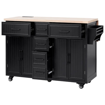 Kitchen Island with Storage, Rolling Kitchen Island on Wheels with Charging Station, Kitchen Cart Island Table with Drop Leaf, Drawers, Cabinets, Spice Rack, Towel Rack, Black