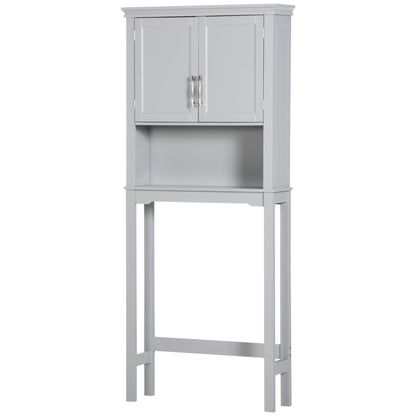 kleankin Modern Over The Toilet Storage Cabinet, Double Door Bathroom Organizer with Inner Adjustable Shelf and Open Shelf, Grey
