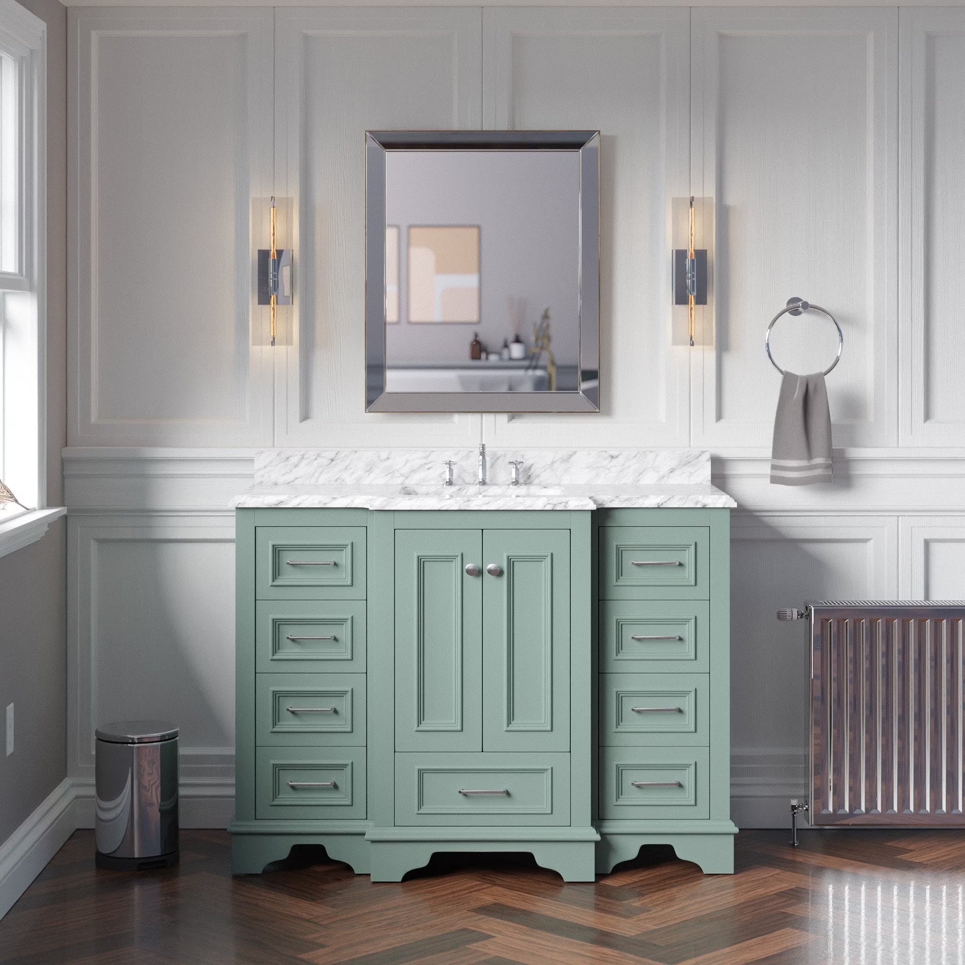 Nantucket 48" Bathroom Vanity with White Cabinet and Carrara Marble Top