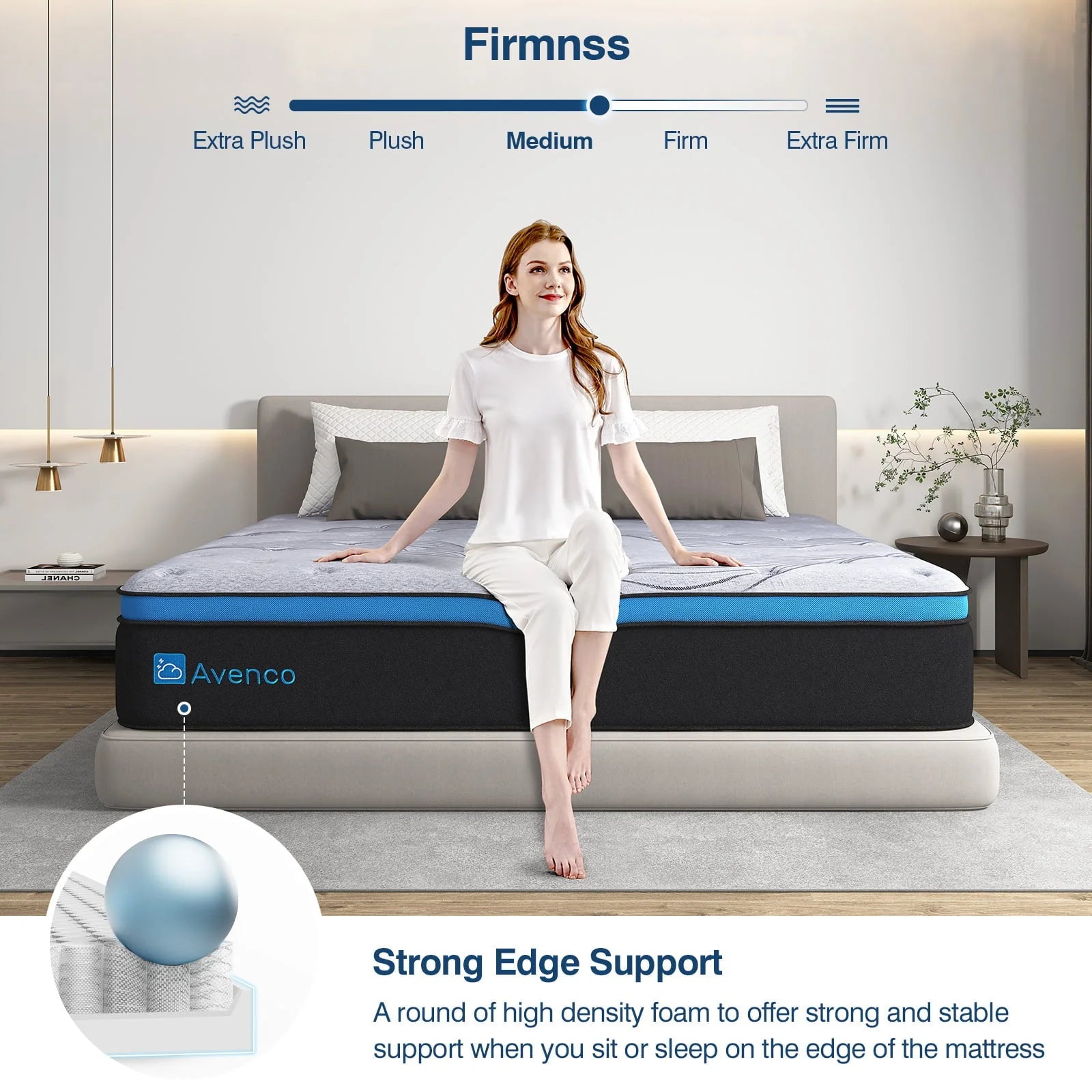 Avenco Queen Size Firm, 12-Inch Hybrid Mattress in a Box, Innerspring and Gel Memory Foam, Gray, Pillow Top