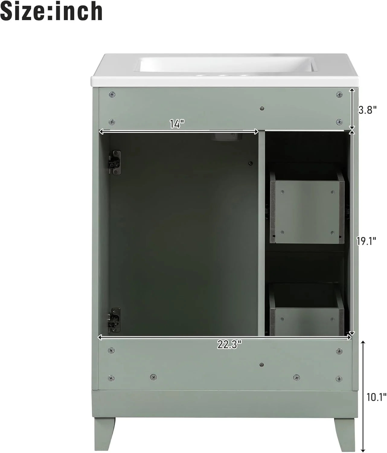 24-Inch Bathroom Vanity Cabinet with Ceramic Sink, 2 Drawers, 1 Door, Light Green