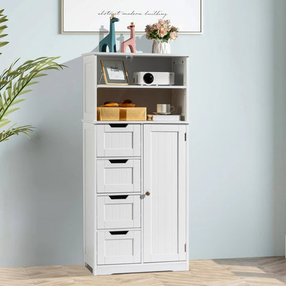 Ktaxon Freestanding Bathroom Floor Cabinet, Multipurpose Storage Cabinet with 4 Drawers, 1 Cupboard & Adjustable Shelves for Kitchen Living Room Bedroom, White
