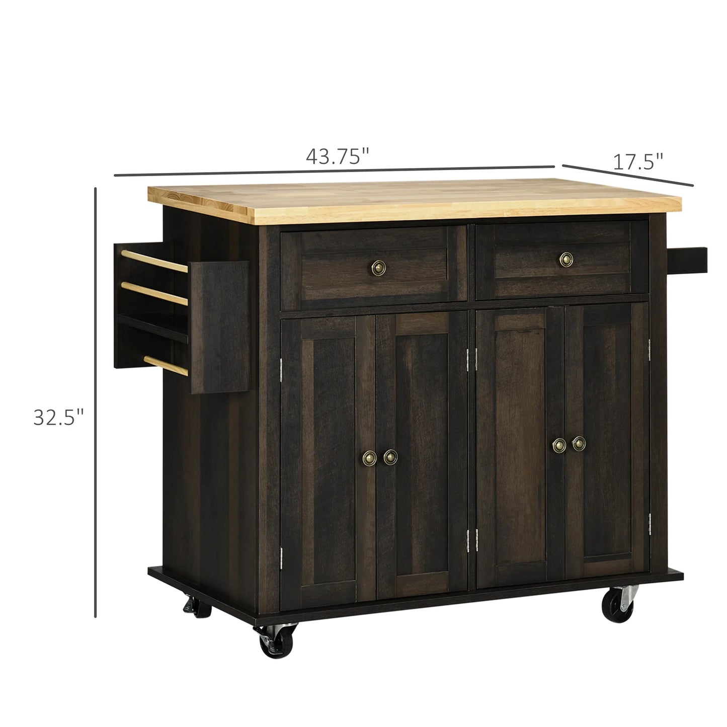 HOMCOM Kitchen Island on Wheels, Rolling Cart with Rubberwood Top, Spice Rack, Towel Rack