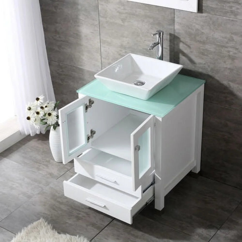 Wonline 24" Bathroom Vanity Cabinet Ceramic Sink Faucet Drain Combo w/Mirror Set White