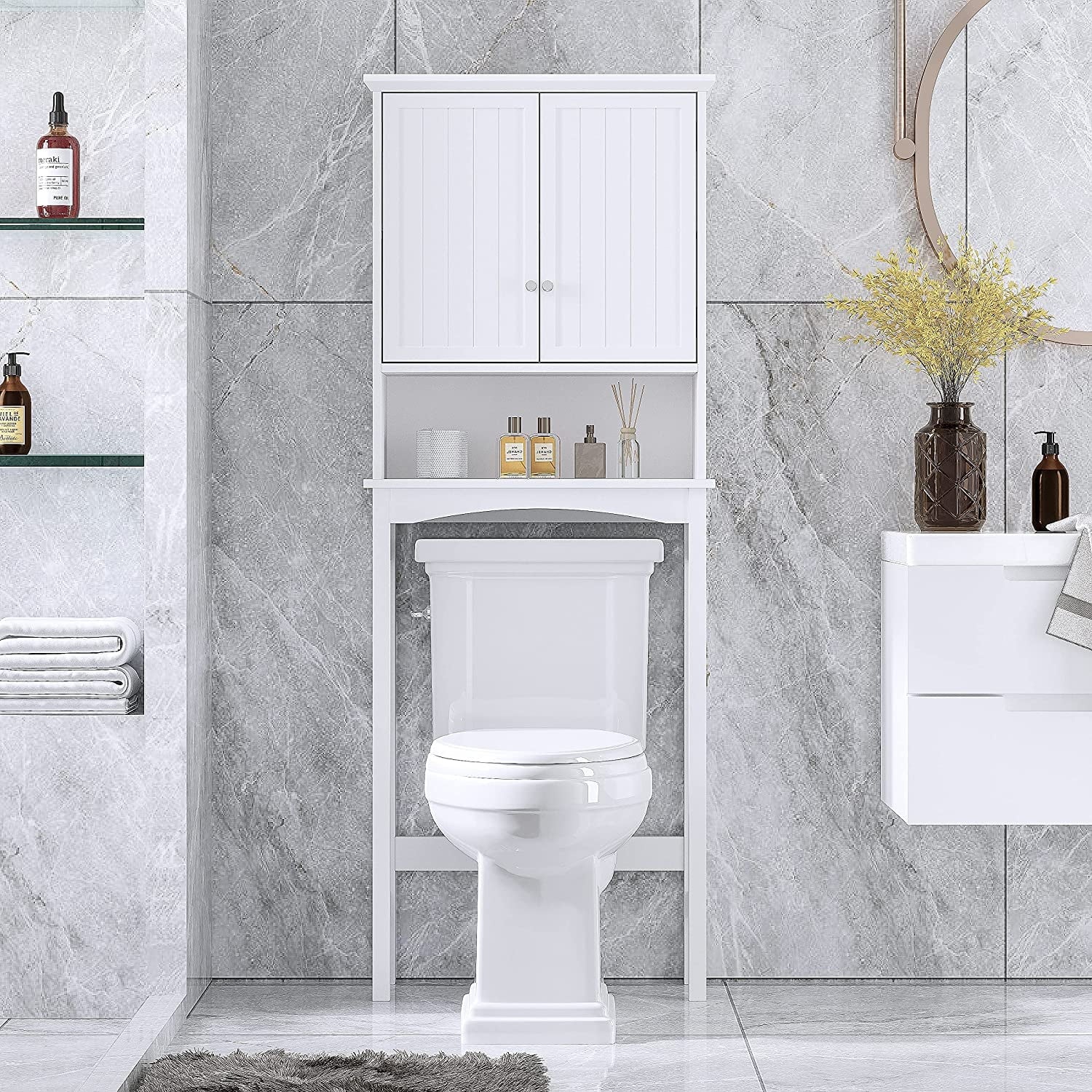 Spirich Home Bathroom Storage over The Toilet, Bathroom Cabinet Organizer with Adjustable Shelf and Double Doors, White Finish