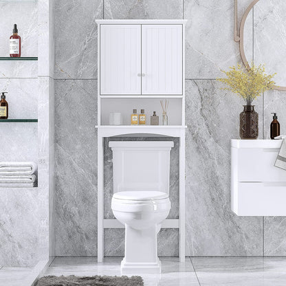 Spirich Home Bathroom Storage over The Toilet, Bathroom Cabinet Organizer with Adjustable Shelf and Double Doors, White Finish