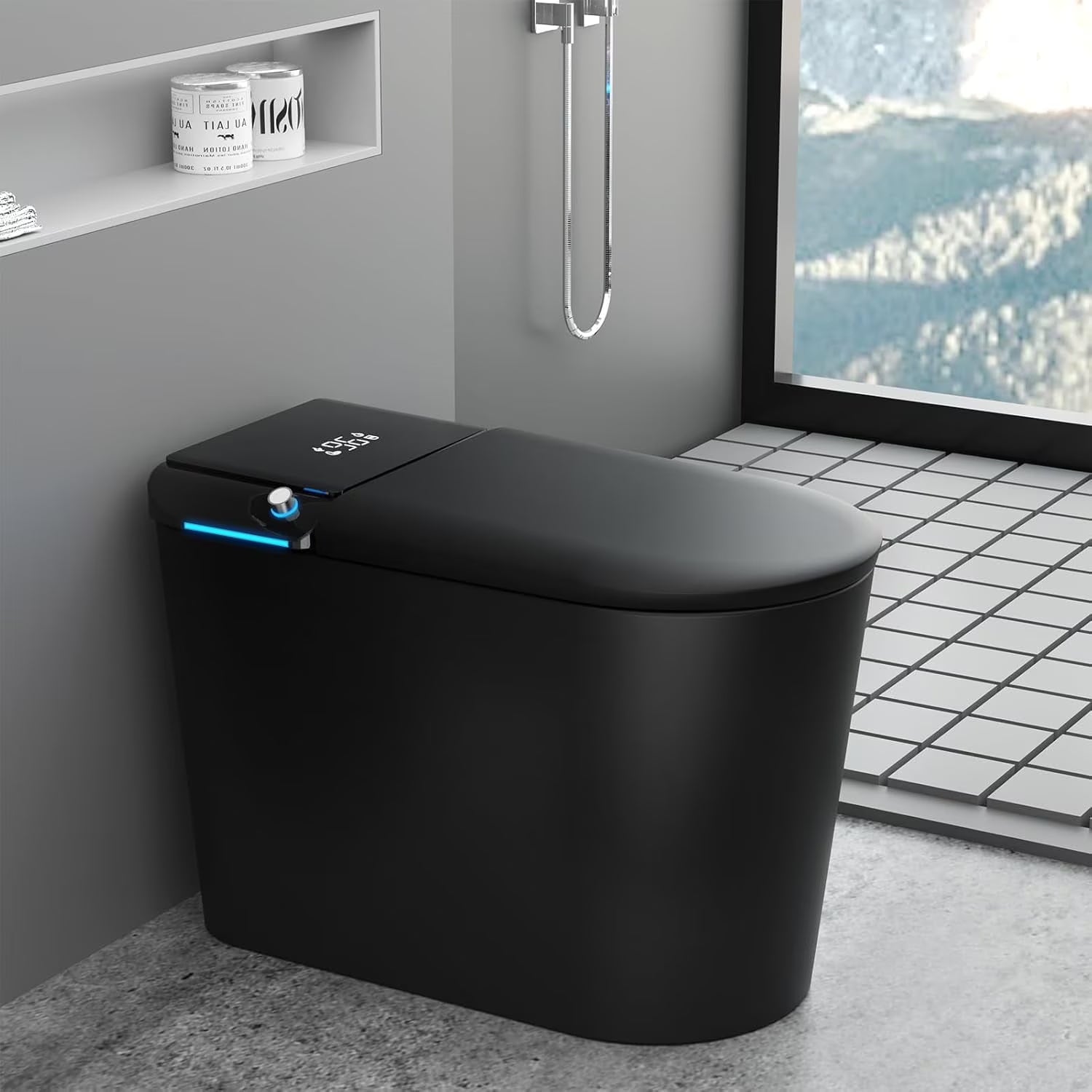 LALAHOO Smart Toilet with Bidet Built in, Auto Open & Close, Elongated Heated seat, Foot Sensor Flush, LED Display, Warm Water Wash, Dryer, Night Light, Black