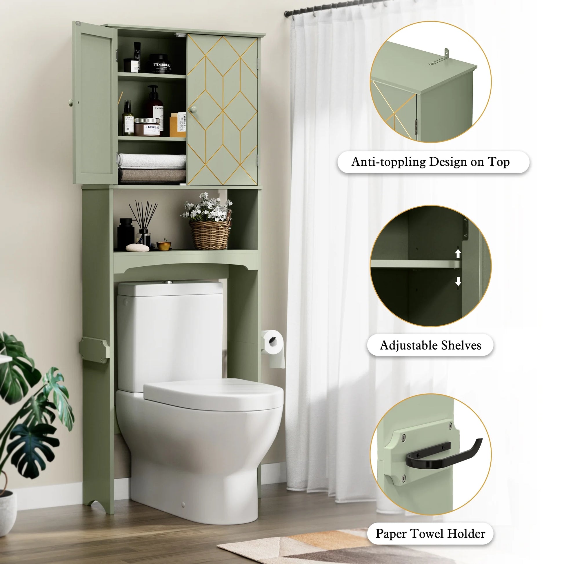 HLR Over The Toilet Storage Cabinet, Bathroom Above Toilet Storage Cabinet with Doors and Adjustable Shelves, Black