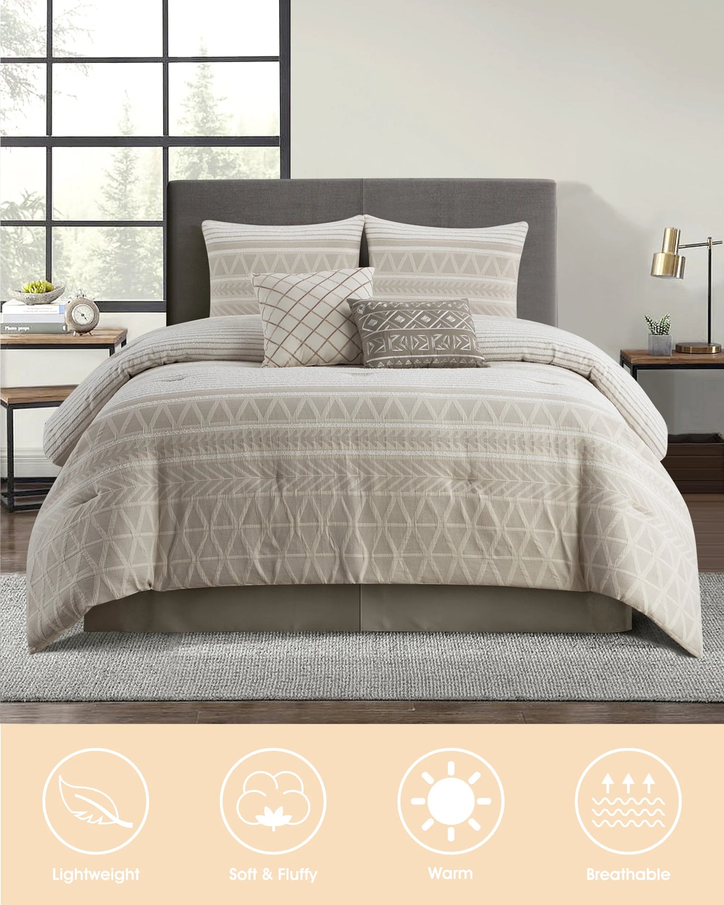 Lanco 100% Cotton Queen Size Comforter Set , 6 Piece , Beige Geometric Jacquard Bedding Set