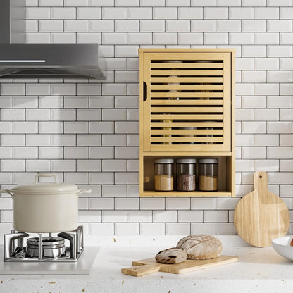 Bathroom Wall Cabinet, Medicine Cabinet Over The Toilet, Bamboo Hanging Storage Organizer with Single Door and Open Bottom Shelf, for Kitchen Living Room, Natural