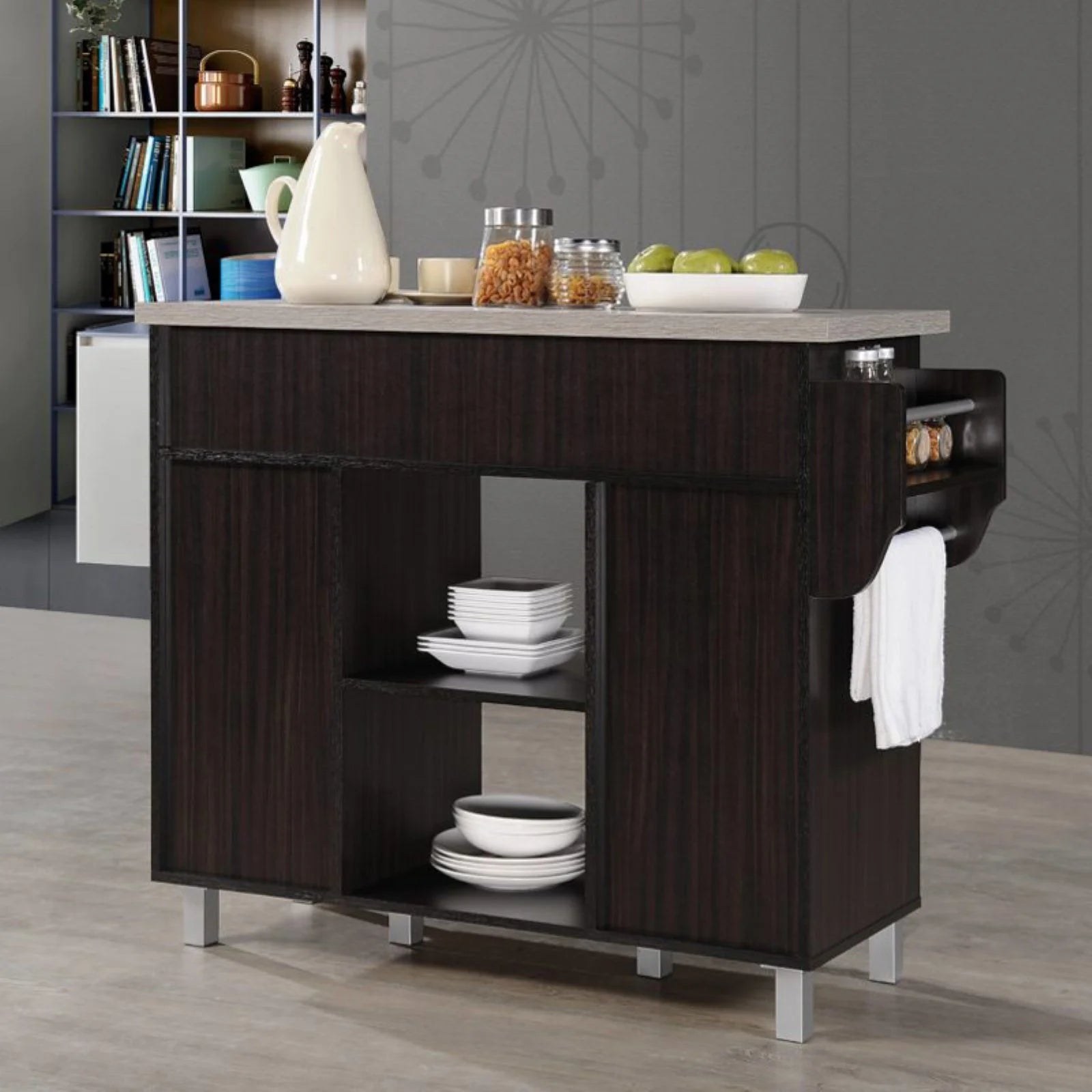 Hodedah Kitchen Island with Spice Rack plus Towel Holder in White Wood