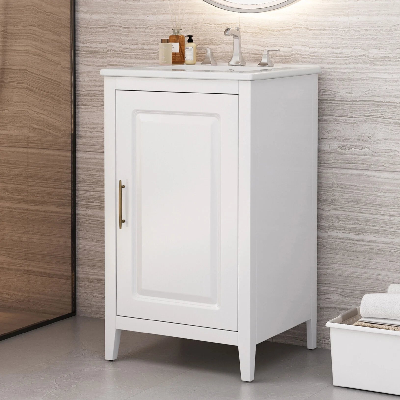 20.3 Inch Bathroom Vanity with Ceramic Sink, Solid Wood Small Single Vanity with Drawer and Soft Close Doors, White Modern Bathroom Cabinet with Storage