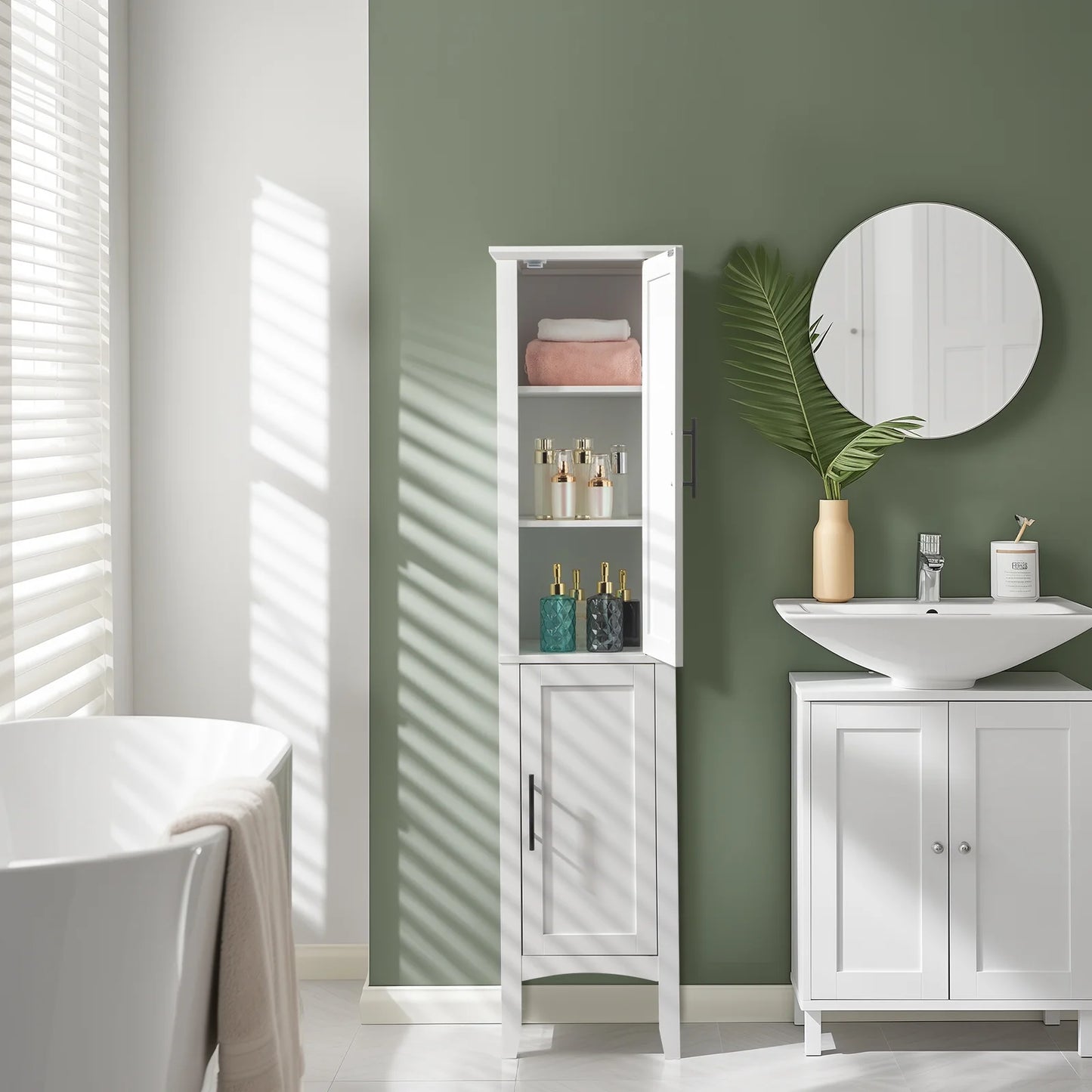 Ktaxon Bathroom Storage Cabinet Narrow Tall, Freestanding Cabinet Storage Tower with 2 Door, White
