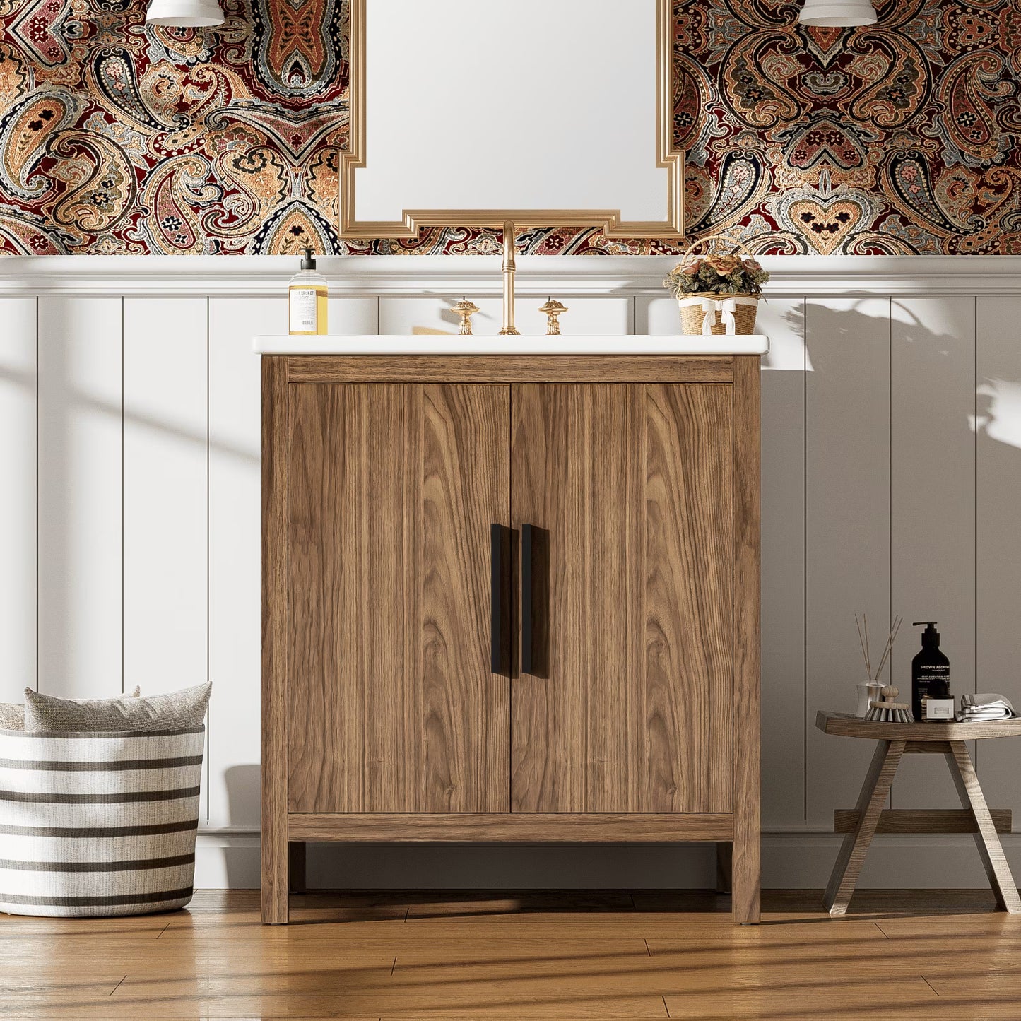 Harper & Bright Designs 30" Rattan Bathroom Vanity Combo with Ceramic Sink, Bathroom Vanity Cabinet with Soft Close Doors, Wood
