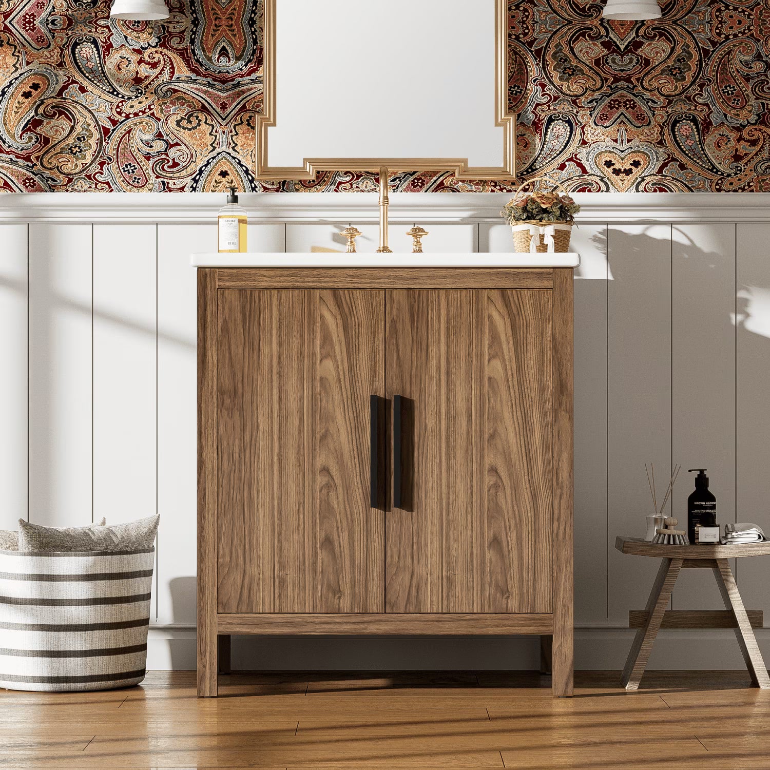 Harper & Bright Designs 30" Rattan Bathroom Vanity Combo with Ceramic Sink, Bathroom Vanity Cabinet with Soft Close Doors, Wood