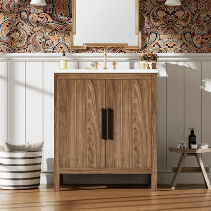 Harper & Bright Designs 30" Rattan Bathroom Vanity Combo with Ceramic Sink, Bathroom Vanity Cabinet with Soft Close Doors, Wood