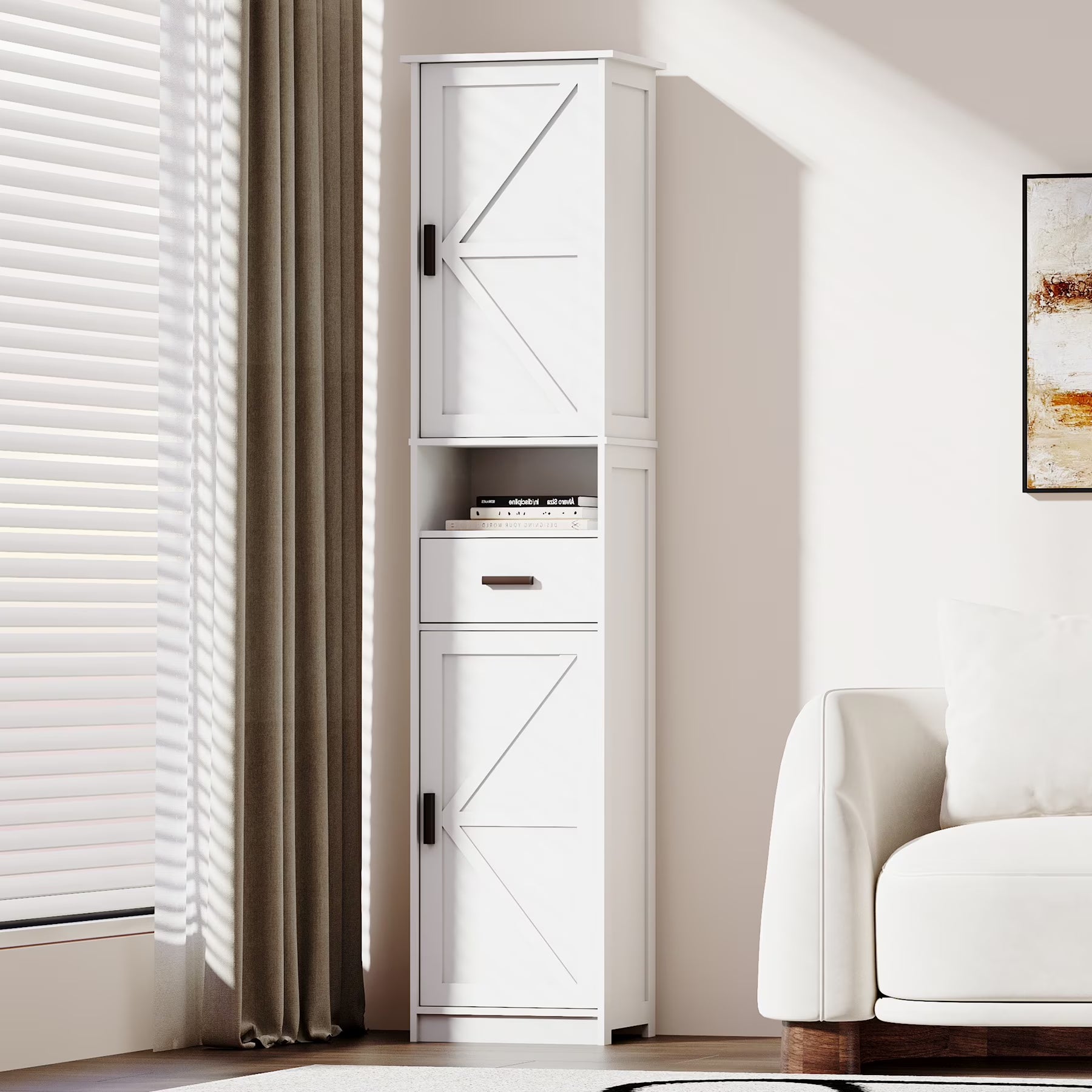PORKISS Floor Storage Cabinet, Wood Pantry Cabinet with Doors and Drawer, Freestanding Narrow Bathroom Storage Organizer with Adjustable Shelves for Kitchen, Bathroom, Living Room, White