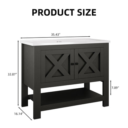 DreamCurship Bathroom Vanity with Sink Combo, 35'' Bathroom Storage Cabinet with Storage, Farmhouse Bathroom Vanity Cabinet with 2 Doors and Open Shelf, White