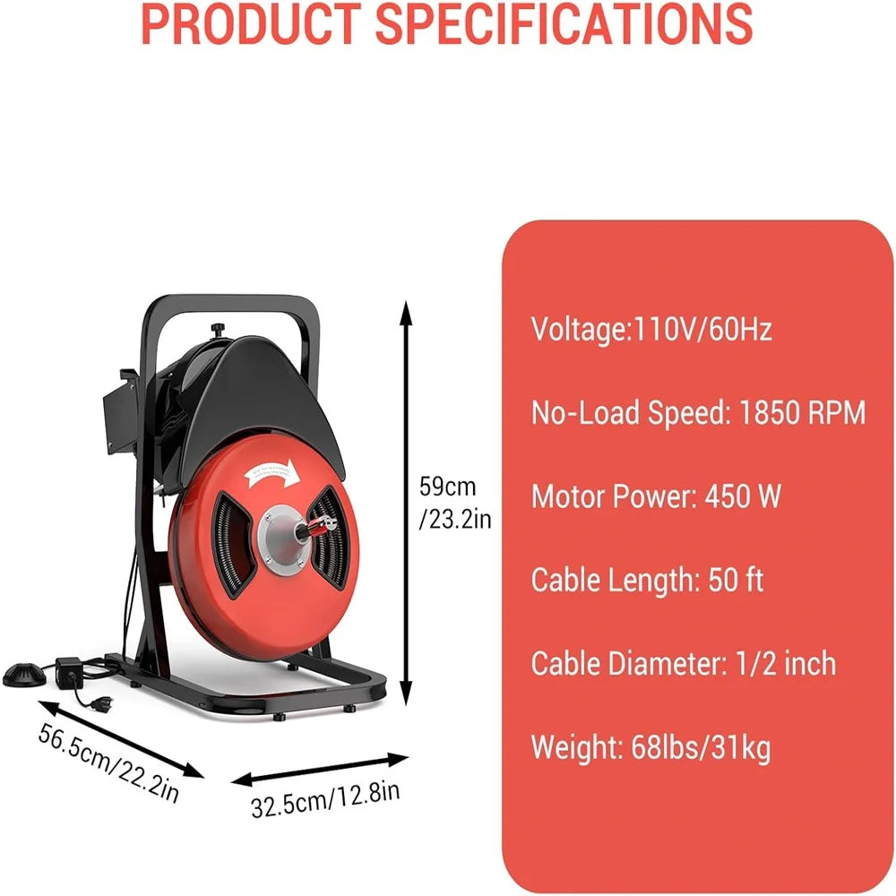 50FTx1/2 Inch Drain Cleaner Machine, Sewer Snake Electric Drain for 2" to 4" Pipes, Plumbing Snake Auger Cleaner with Wheels & 4 Cutter & Foot Switch for Sewer, Sink, Toilet, Bathroom and Shower