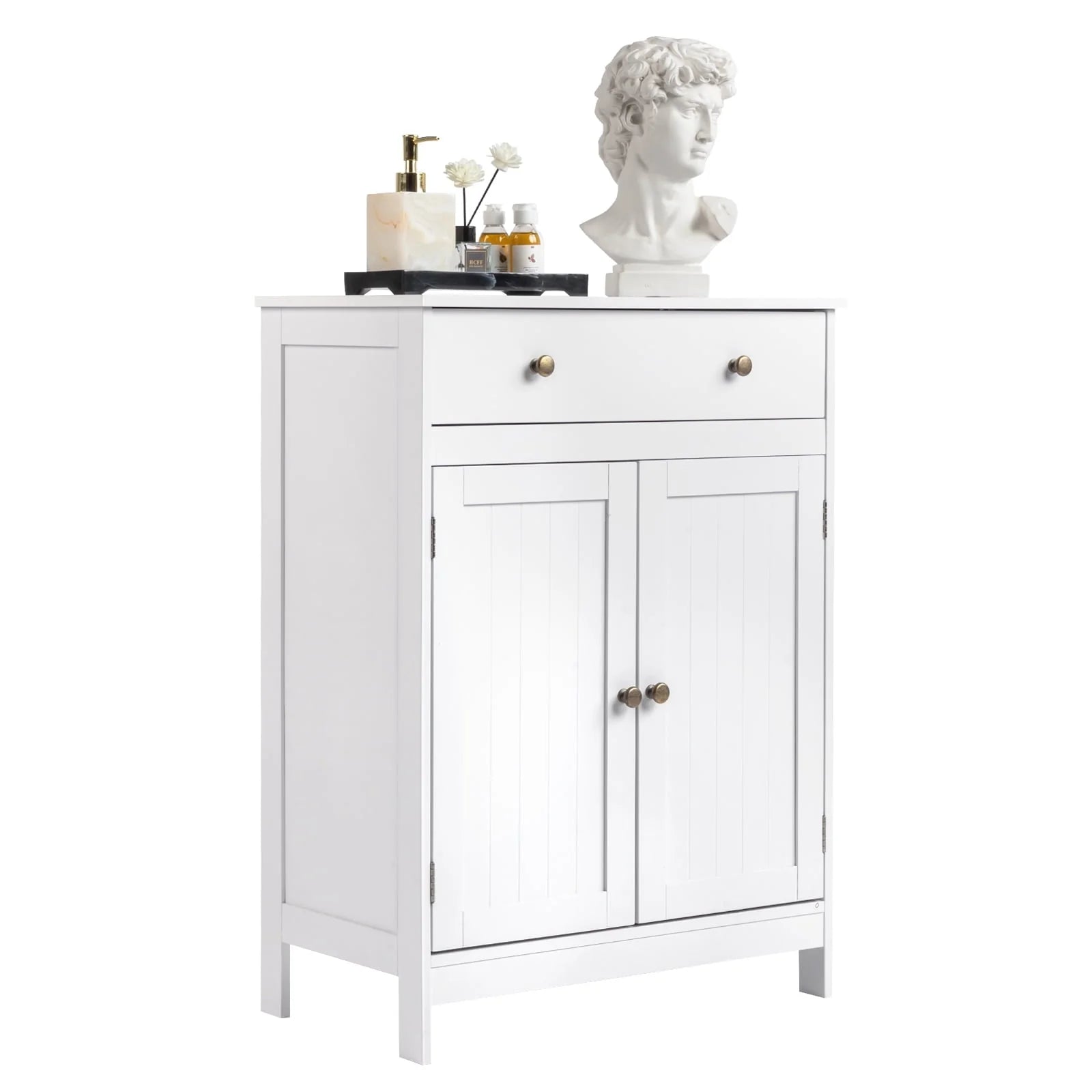 BaytoCare Wooden Free Standing Bathroom Floor Cabinet with Drawer and Double Doors, Bathroom Storage Organizer also Suitable for Kitchen Entryway Bedroom, White Finish