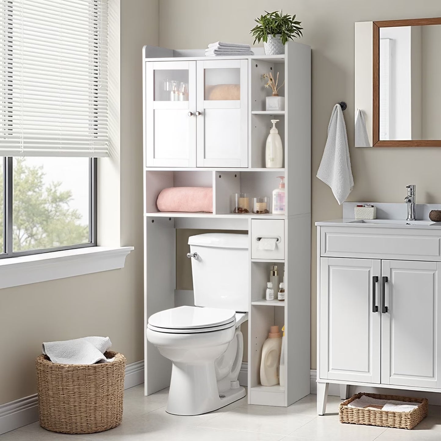 Ktaxon Over the Toilet Bathroom Storage Cabinet with 2 Doors & 3 Storage Shelves Space Saver, White