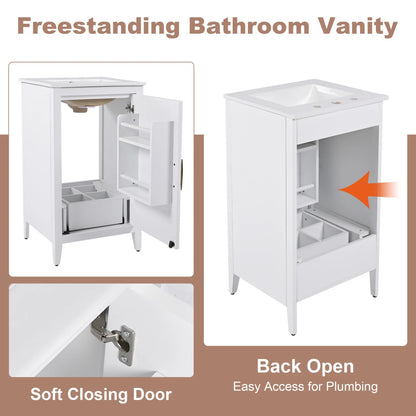20.3 Inch Bathroom Vanity with Ceramic Sink, Solid Wood Small Single Vanity with Drawer and Soft Close Doors, White Modern Bathroom Cabinet with Storage