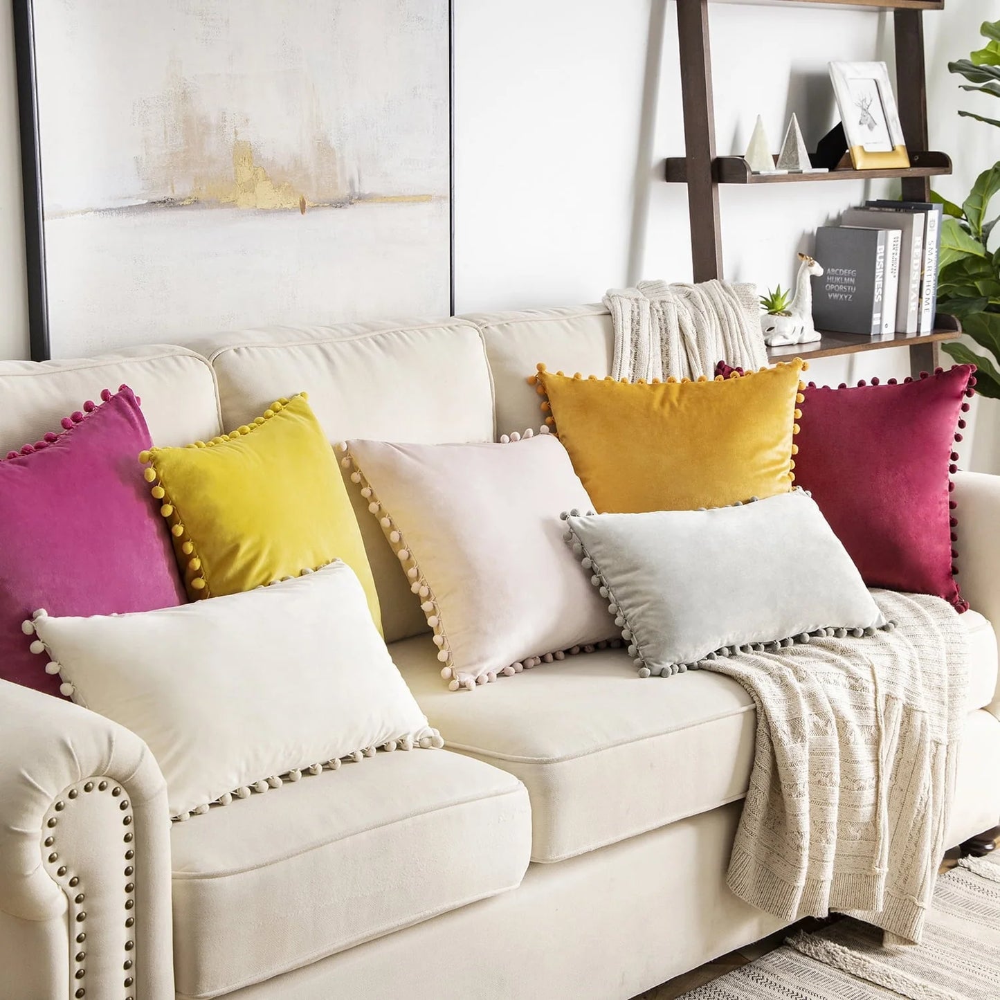 Phantoscope Throw Pillow with Insert,Silky Velvet Series Pom Pom Decorative pillow, 18" x 18", Off White, 2 Pack