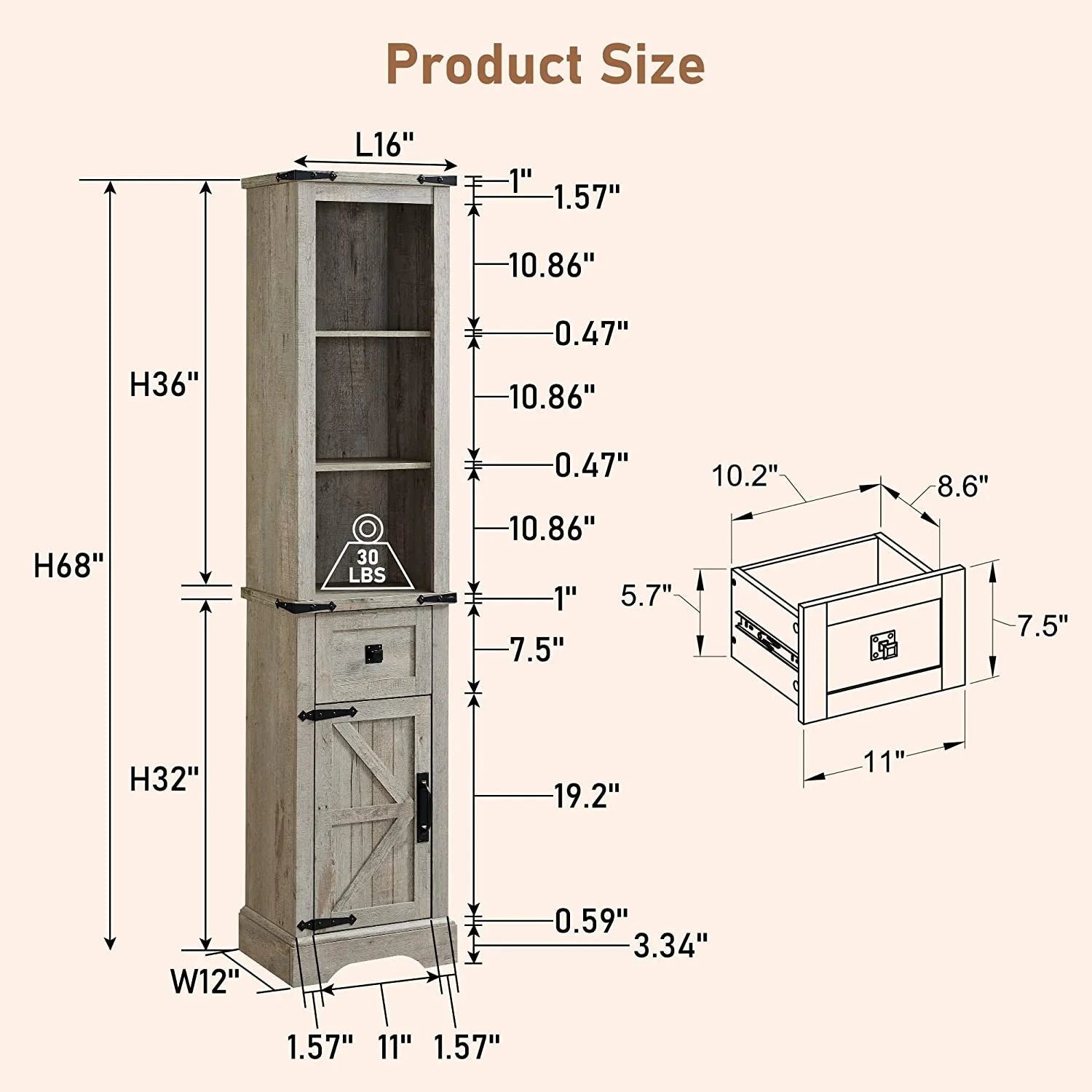 OKD Farmhouse Bathroom Organizers and Storage, Narrow Tall Cabinet Storage Tower with Door and Drawer, Light Rustic Oak