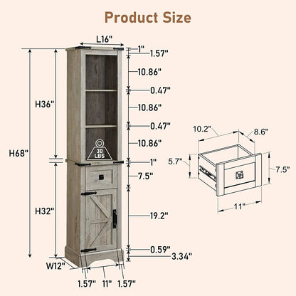OKD 68" H Farmhouse Bathroom Storage Cabinet Organizer with Adjustable Shelves and Drawer, Dark Rustic Oak