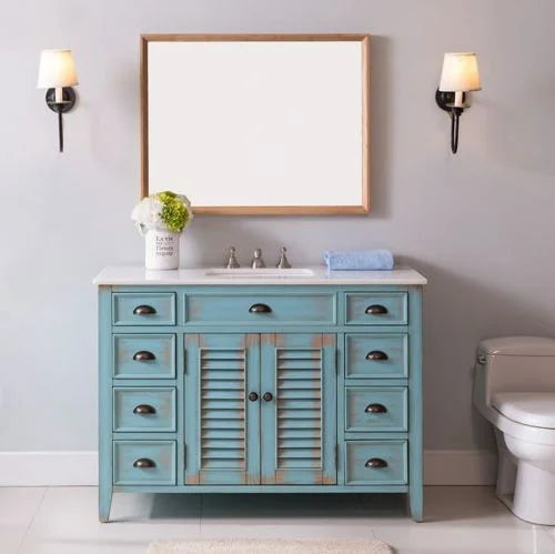 Benton Collection 46" Distressed Blue Farmhouse Bathroom Vanity with White Marble Top