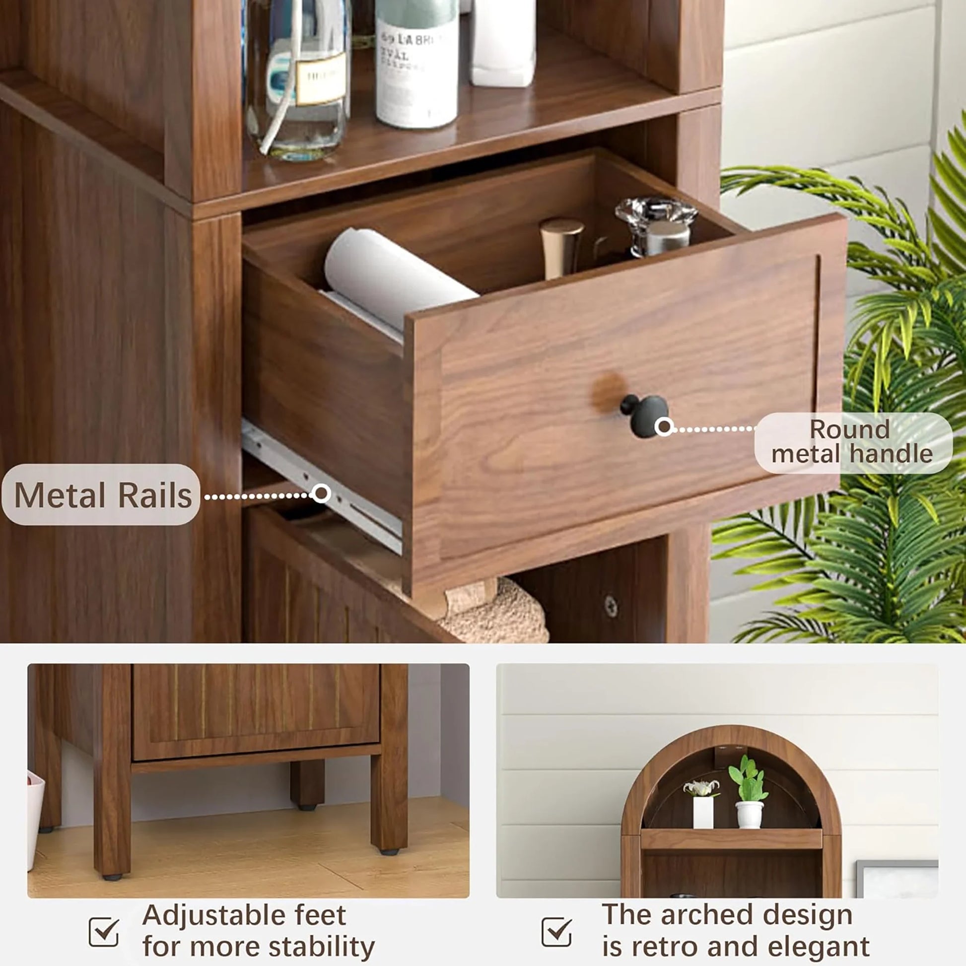 Oubayajia 64" Tall Bathroom Storage Cabinet, Narrow Tall Arched Linen Standing Tower Cabinet, Kitchen Cupboard with Adjustable Shelf and Drawer