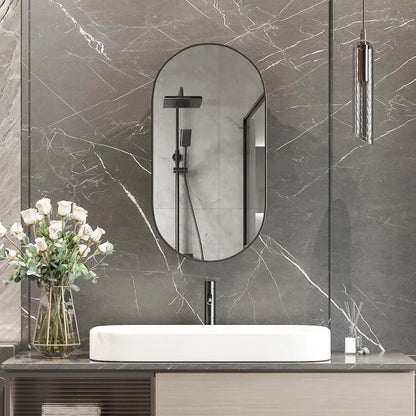 Oval Medicine Cabinet Mirror for Bathroom,Recessed Black Medicine Cabinet with Mirror, Brushed Black Mirror Cabinet with 3 Storage,Metal Edge,Wall Mounted,16x31Inch