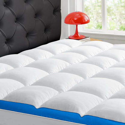 Mattress Topper Short Queen Size, PillowTop Mattress Pad Cover for Bed Back Pain, Cooling Mattress Protector Extra Thick Firm Soft Floor Fill Overfilled with 8-21 Inch Deep Pocket, 60"x75"Navy