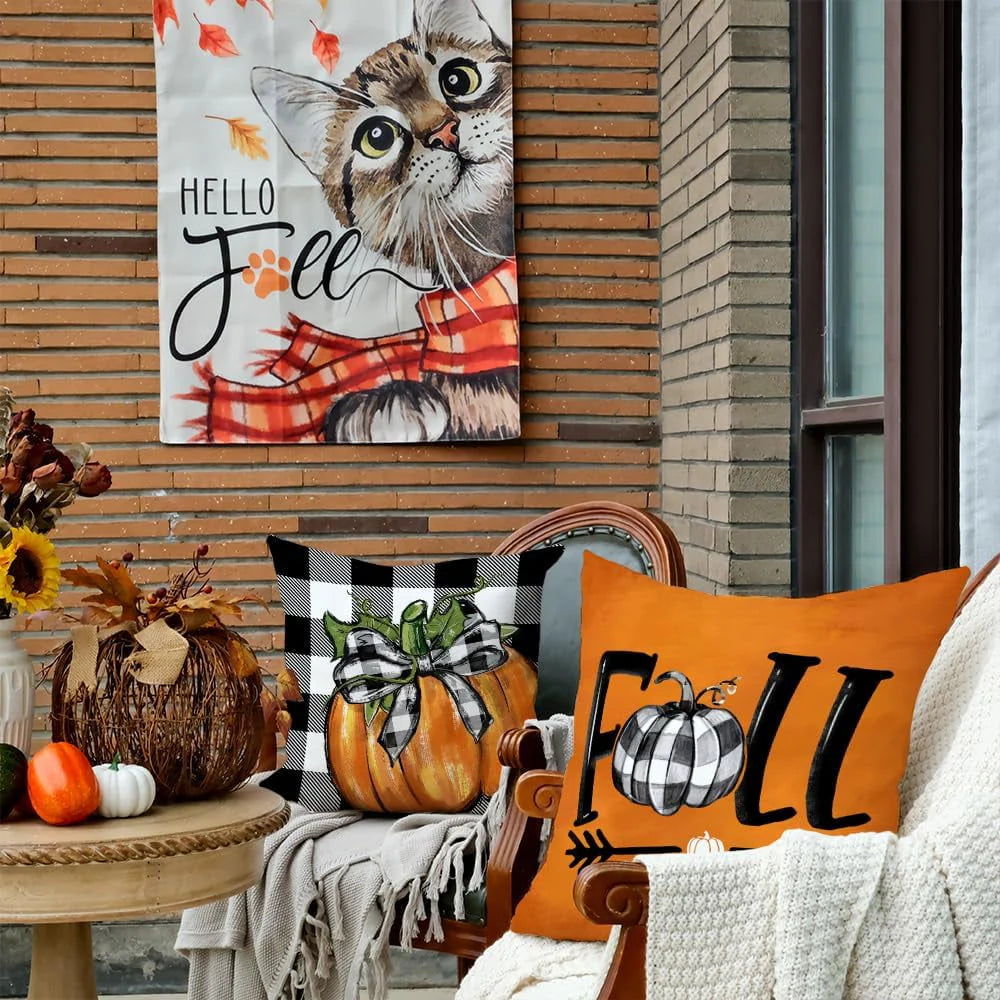 LONGRV Fall Decorative Throw Pillow Covers 18 x 18 Inch Set of 4, Pumpkins Thankful Blessed Buffalo Plaid Fall Decor Outdoor Farmhouse Pillow Cases for Home Couch (Orange Color)