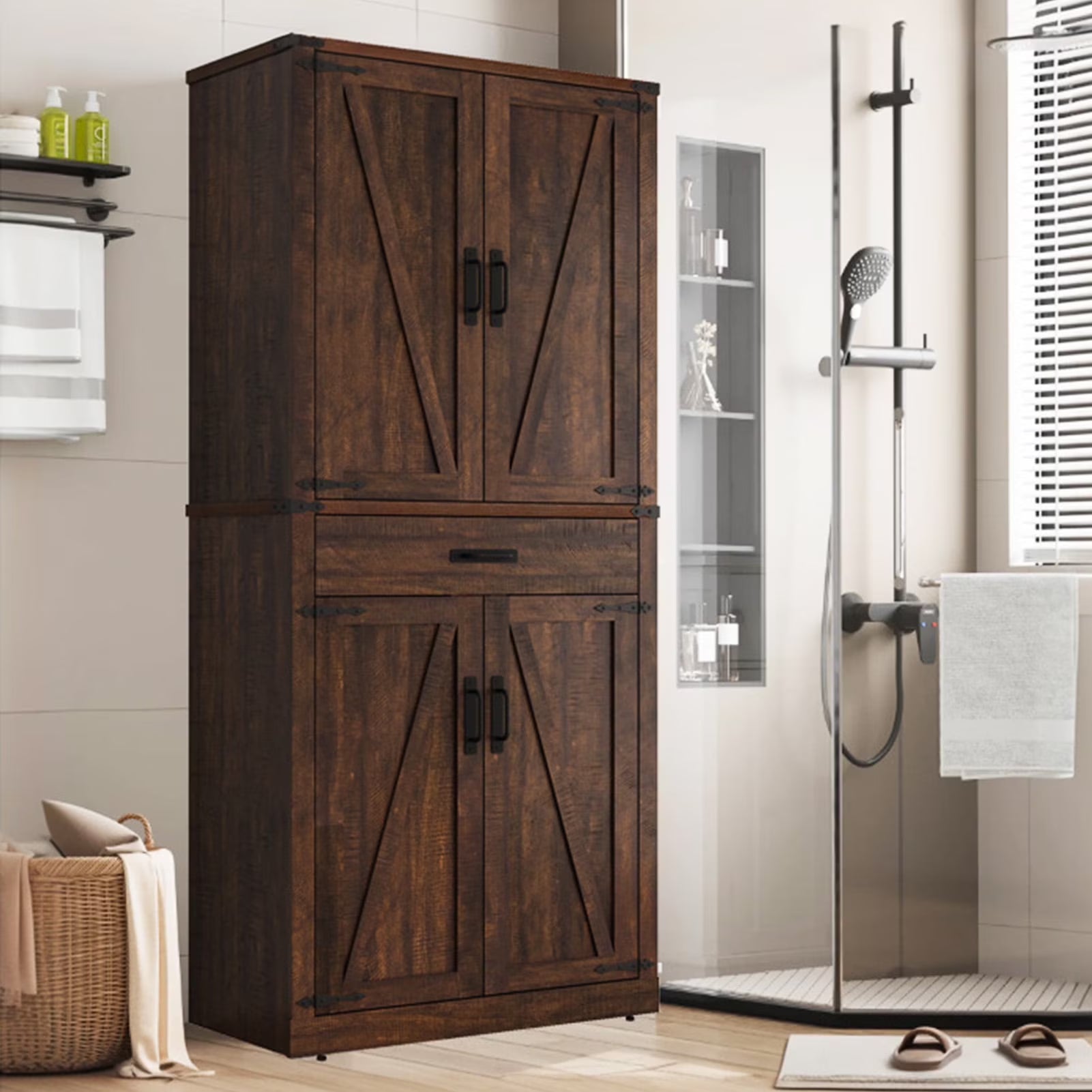72.4'' Tall Bathroom Storage Cabinet with Drawer & 4 Storage Shelves, Rustic Farmhouse Linen Cabinet with Load-Bearing Steel Pipe & 4 Doors for Bedroom Living Room Kitchen Art/Craft Room