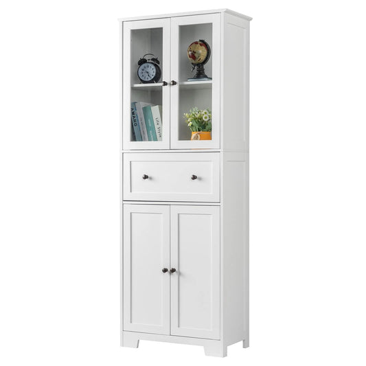Ktaxon 64" Tall Bathroom Storage Cabinet Organizer, Freestanding Kitchen Pantry Cabinet Line Tower with 2 Glass Doors, Large Drawer & 4 Adjustable Shelves for Dining Room Living Room Home Office,White