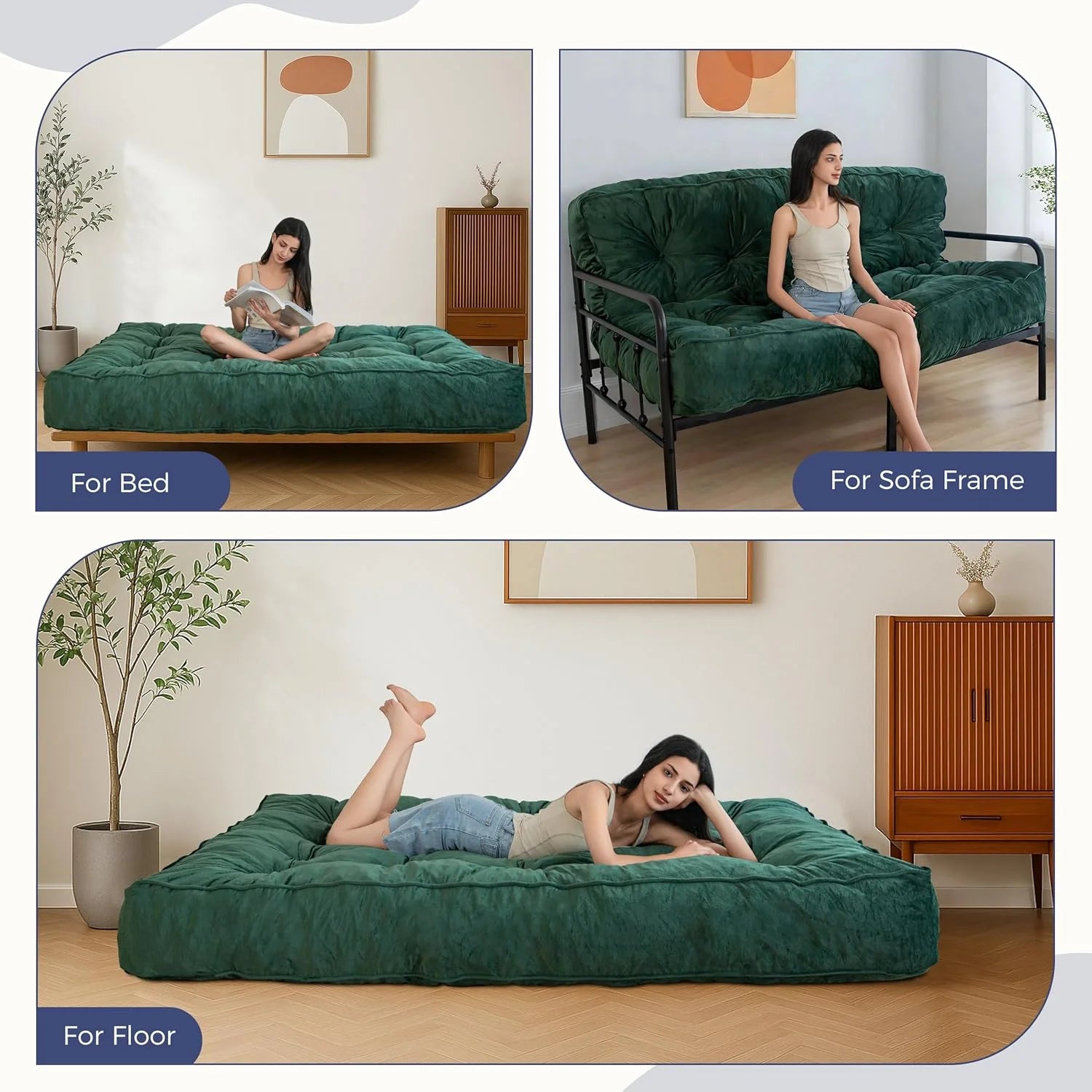 XH 8" Futon Mattress, Full Size Extra Thick Futons Sofa Couch Bed for Adults, Velvet Floor Mattress Shredded Foam Filling (Frame Not Included)
